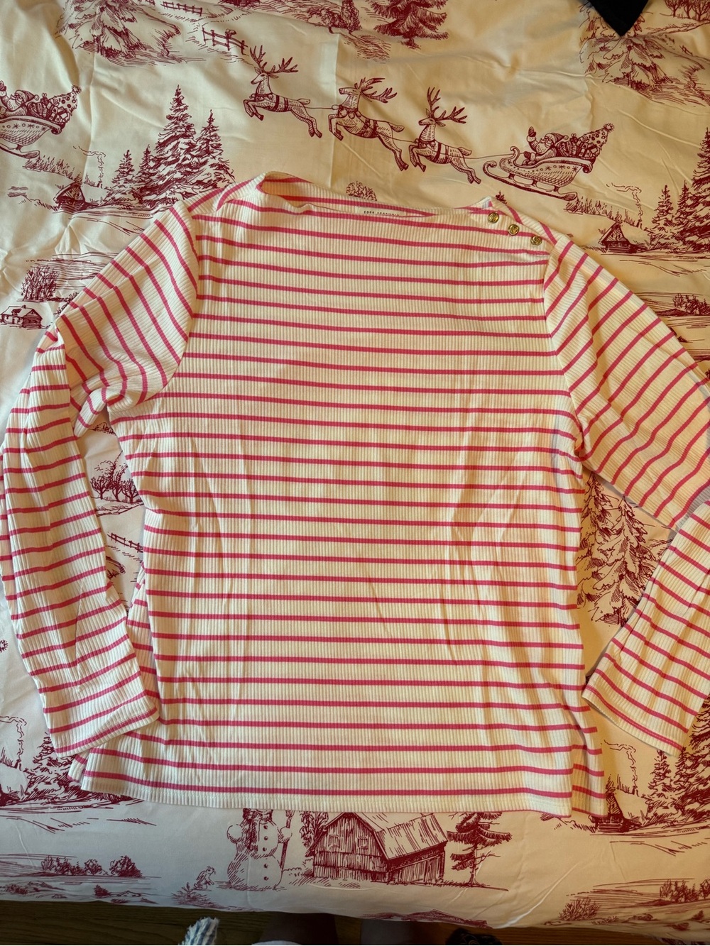 Striped Ribbed Boatneck Long Sleeve Top in White and Pink, XXL